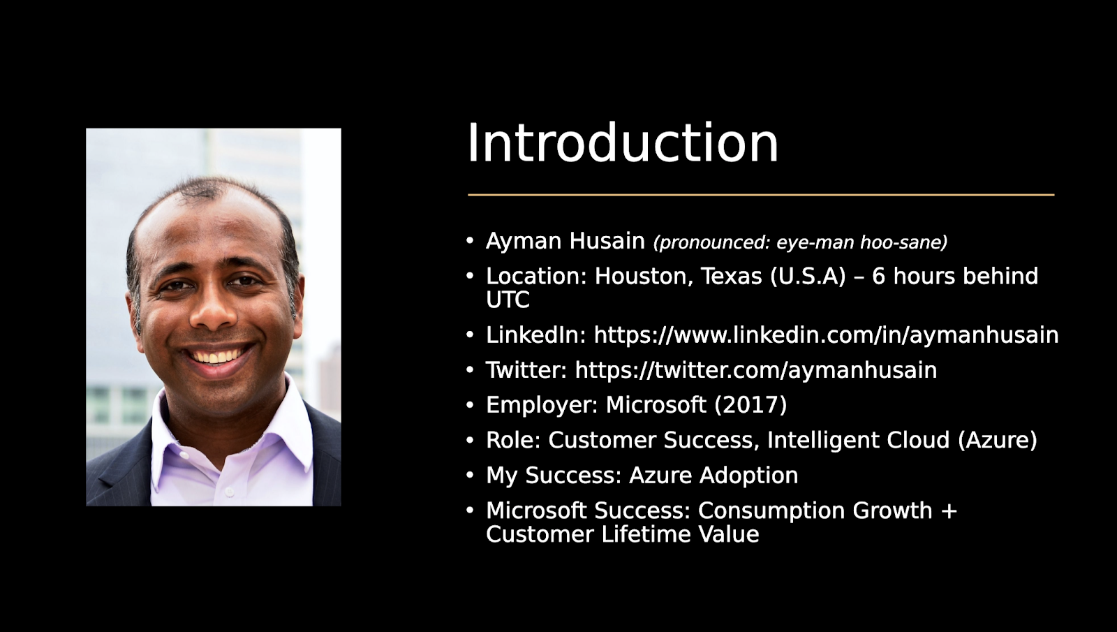 Ayman's introduction highlights slide 