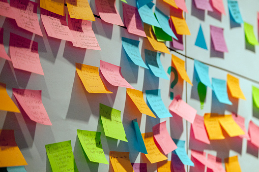 Post it notes covering a wall. 