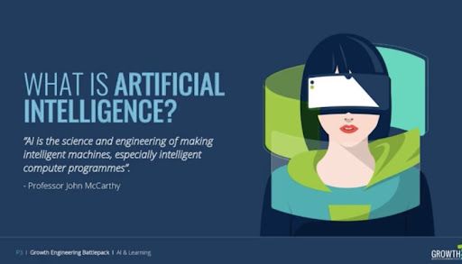 Cartoon image of a woman wearing a VR headset with the John McCarthy quote to the left.