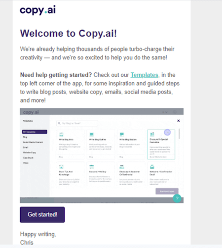 "Welcome to CopyAI" email